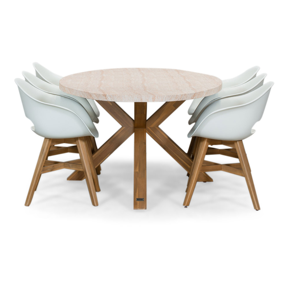 Lorento/Karlstad wit dining tuinset | 6 personen | travertin + hardhout | 240cm