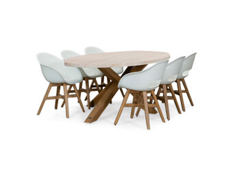 Lorento/Karlstad wit dining tuinset | 6 personen | travertin + hardhout | 240cm