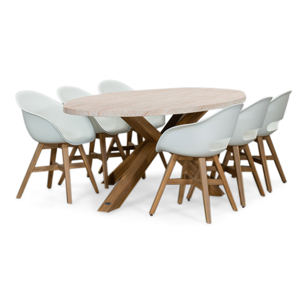 Lorento/Karlstad wit dining tuinset | 6 personen | travertin + hardhout | 240cm afbeelding