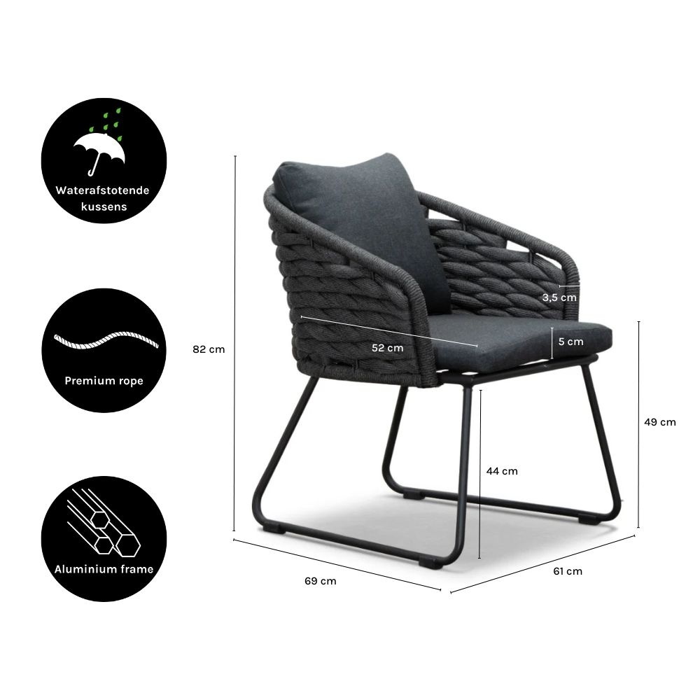 Ropera dining tuinstoel set van 8 | touw + aluminium | Lava Grey