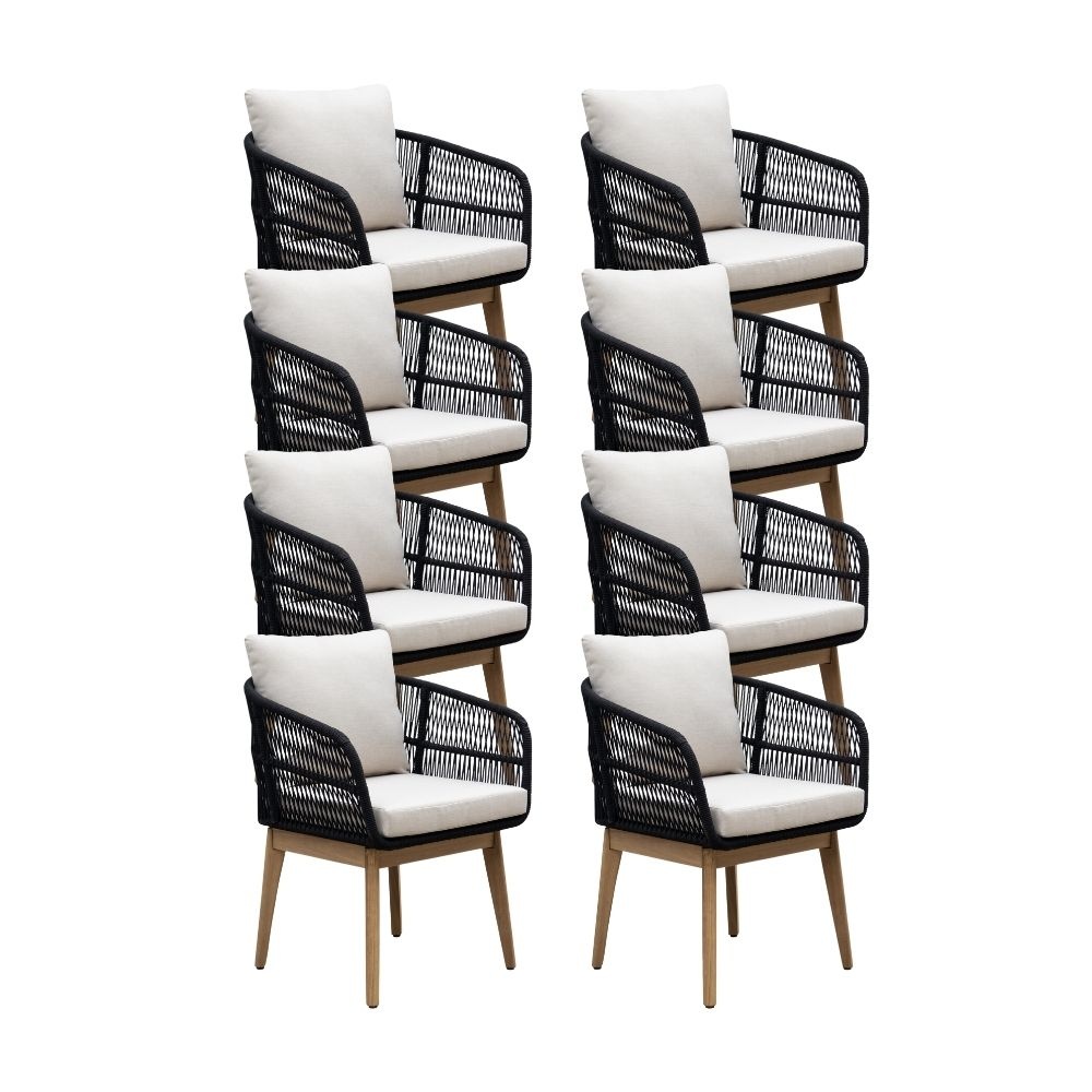Rochefort dining tuinstoel set van 8 | touw + hardhout | zwart