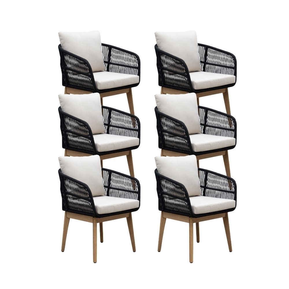 Rochefort dining tuinstoel set van 6 | touw + hardhout | zwart