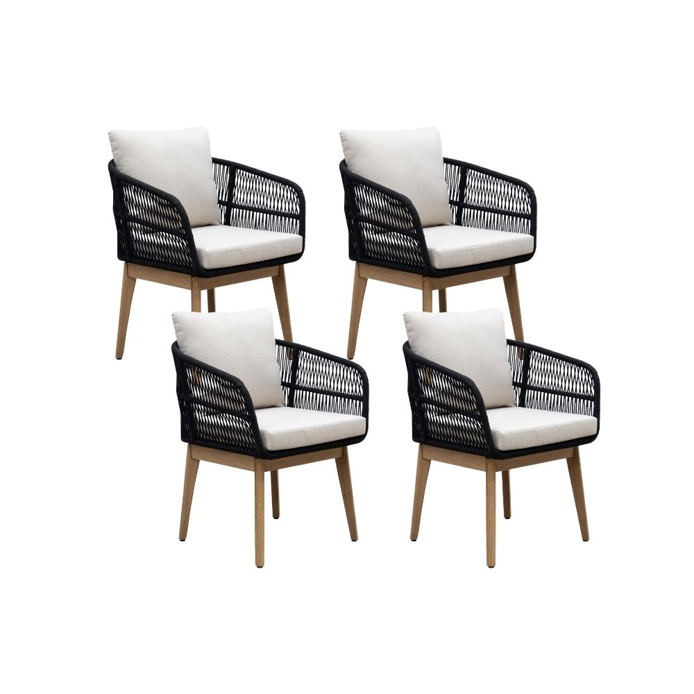 Rochefort dining tuinstoel set van 4 | touw + hardhout | zwart