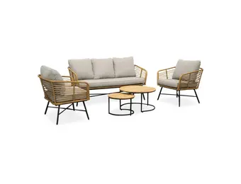 Flow/Aurora stoel-bank loungeset 5 personen | wicker + teakhout | Bamboo taupe | 5-delig