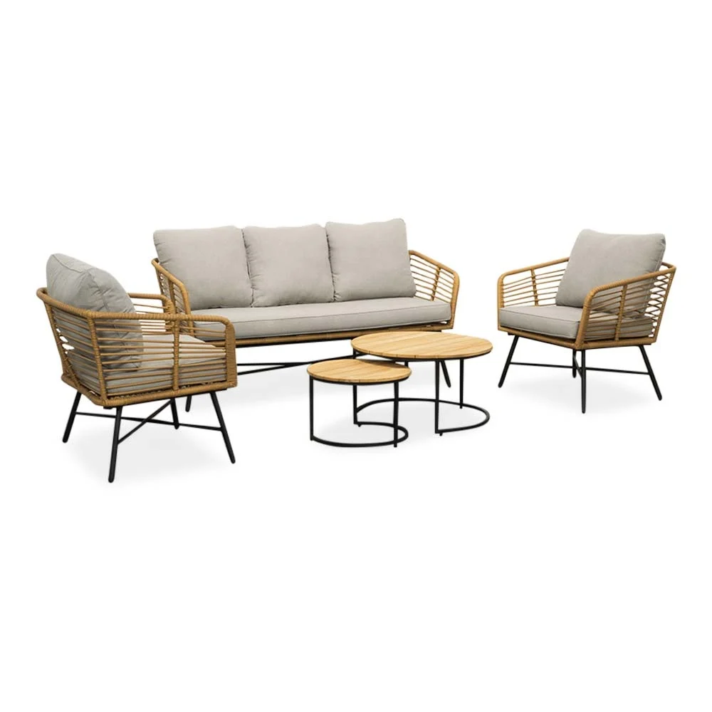 Flow/Aurora stoel-bank loungeset 5 personen | wicker + teakhout | Bamboo taupe | 5-delig afbeelding