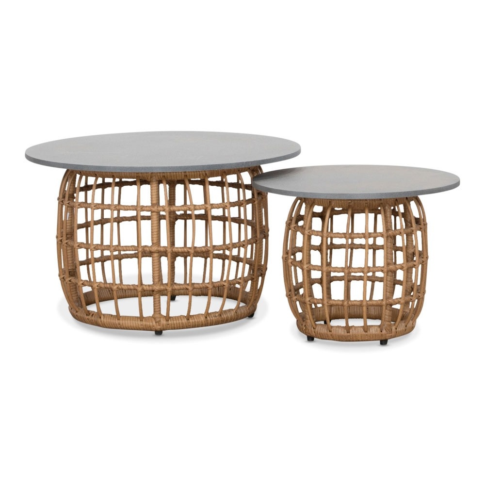 Flow bijzettafel set van 2 | wicker + betonlook | 55cm + 75cm