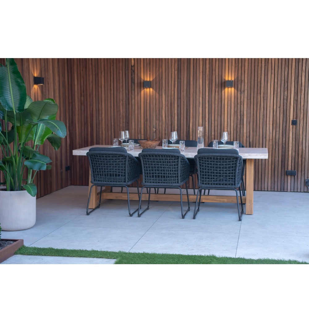Velora/Tulum Lava Grey dining tuinset | 4 personen | travertin + touw | 200cm