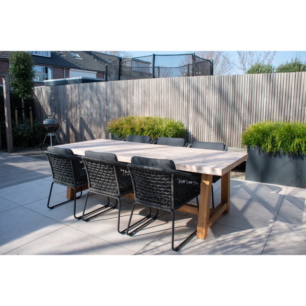 Velora/Tulum Lava Grey dining tuinset | 6 personen | travertin + touw | 250cm