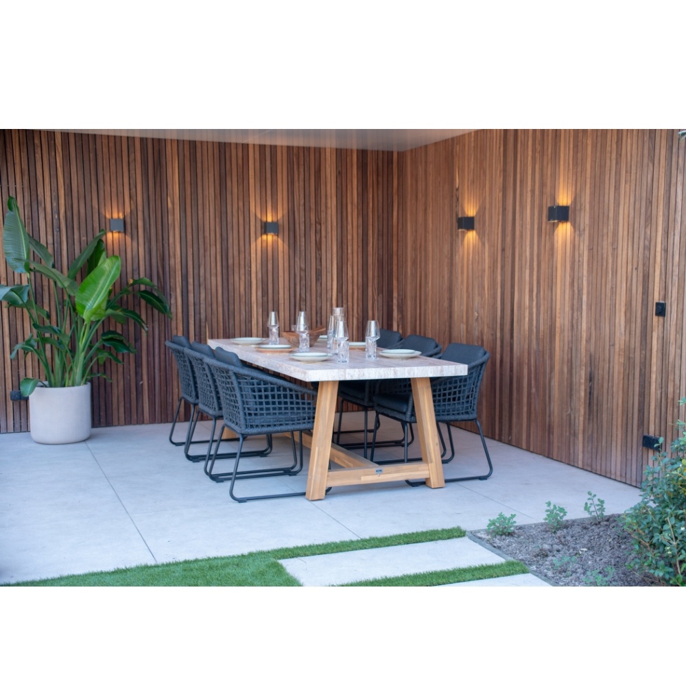 Velora/Tulum Lava Grey dining tuinset | 6 personen | travertin + touw | 250cm