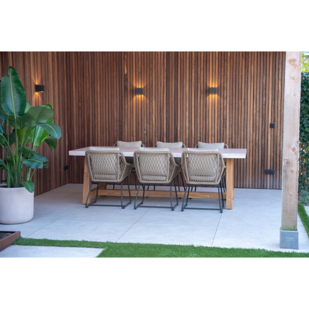 Velora/Tulum Sahara Dust dining tuinset | 4 personen | travertin + touw | 200cm