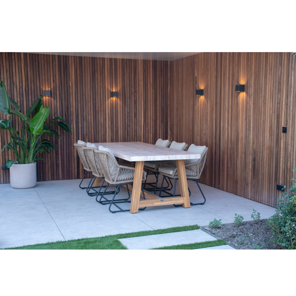 Velora/Tulum Sahara Dust dining tuinset | 6 personen | travertin + touw | 250cm