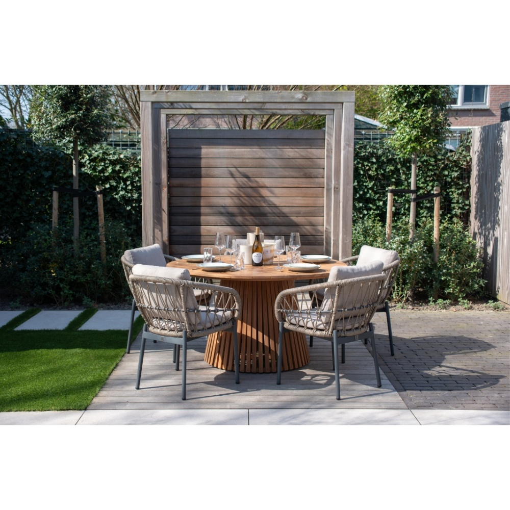 Palau/Dakota beige/antraciet dining tuinset | 4 personen | teakhout + touw | 120cm rond