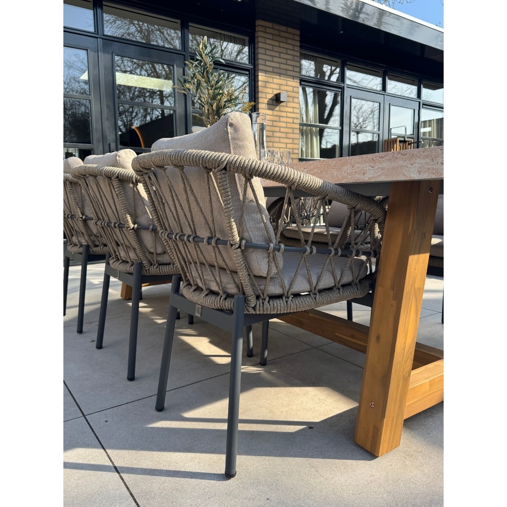 Lorento/Dakota beige/antraciet dining tuinset | 4 personen | travertin + touw | 200cm