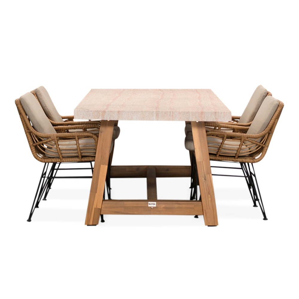 Velora/Carlos taupe dining tuinset | 4 personen | travertin + wicker | 200cm