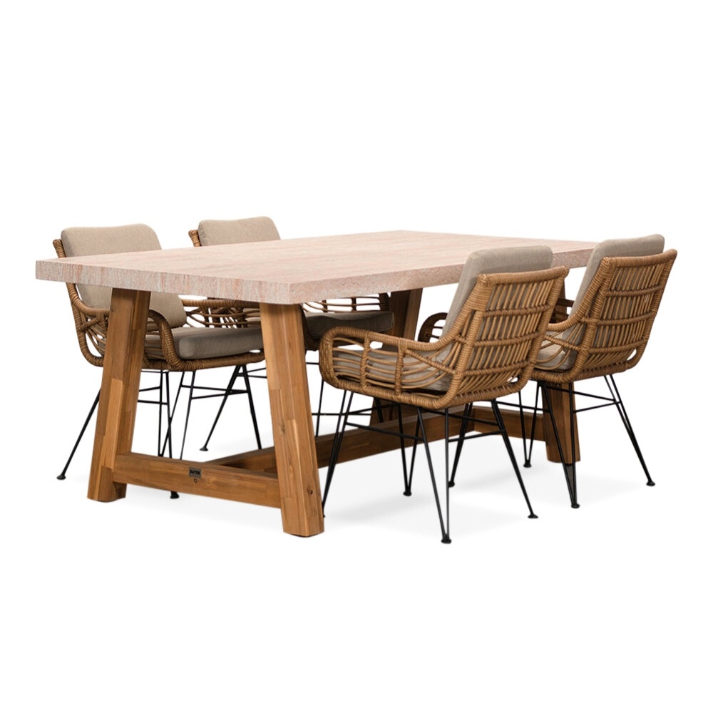 Velora/Carlos taupe dining tuinset | 4 personen | travertin + wicker | 200cm