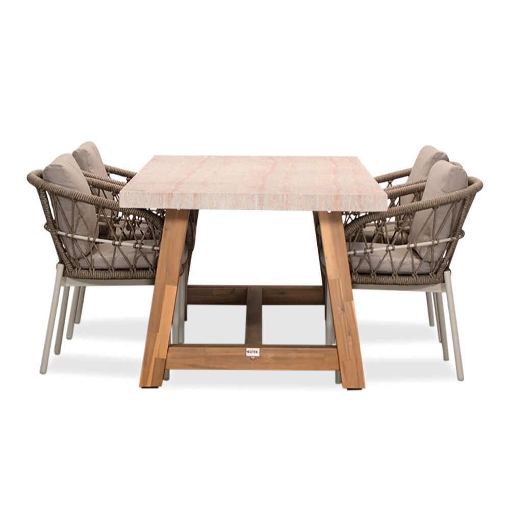 Velora/Dakota beige/wit dining tuinset | 4 personen | travertin + touw | 200cm