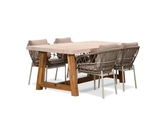 Velora/Dakota beige/wit dining tuinset | 4 personen | travertin + touw | 200cm