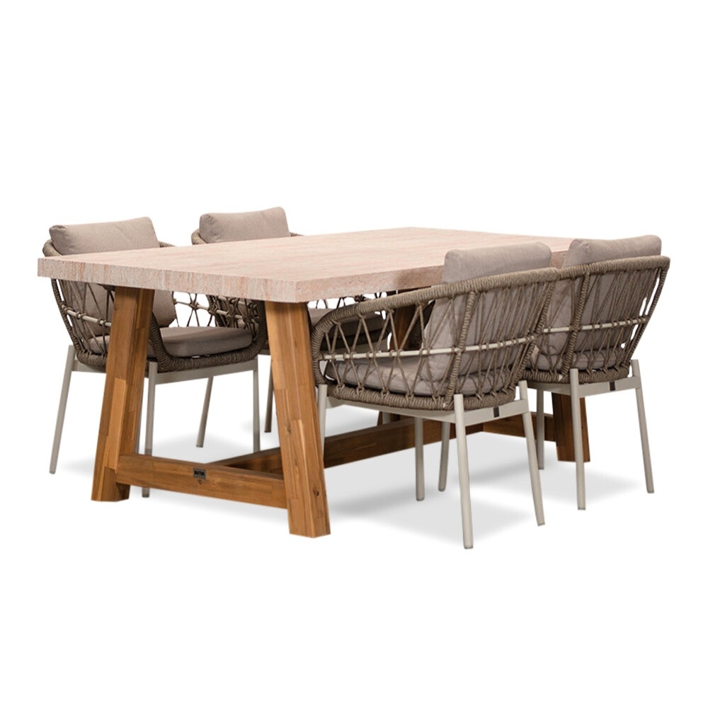 Velora/Dakota beige/wit dining tuinset | 4 personen | travertin + touw | 200cm