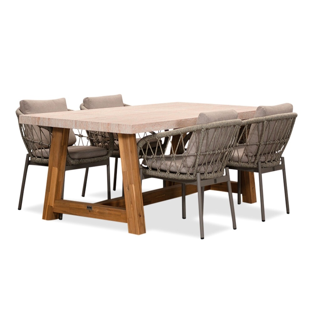 Velora/Dakota beige dining tuinset | 4 personen | travertin + touw | 200cm afbeelding
