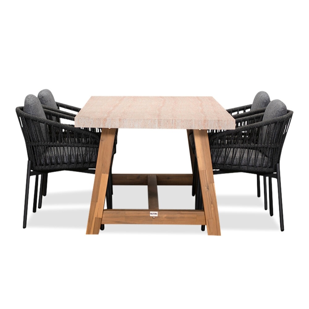 Velora/Rico charcoal dining tuinset | 4 personen | travertin + aluminium | 200cm
