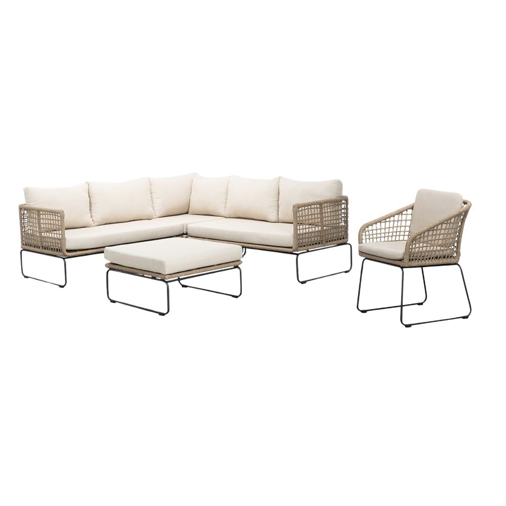 Tulum hoek loungeset met stoel 6 personen | rvs + touw | Sahara Dust | 5-delig - 211x211cm