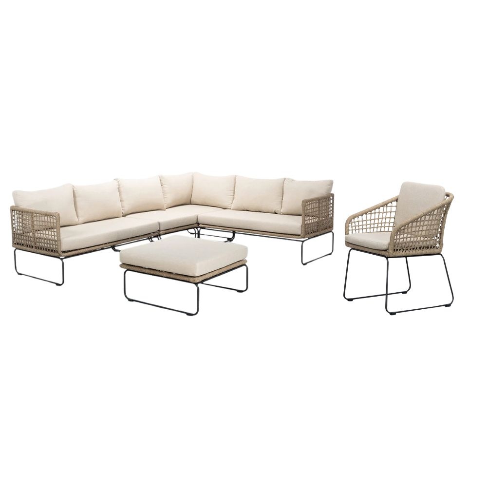 Tulum hoek loungeset met tussenmodule&stoel 7 personen | rvs + touw | Sahara Dust | 5-delig - 261x211cm afbeelding