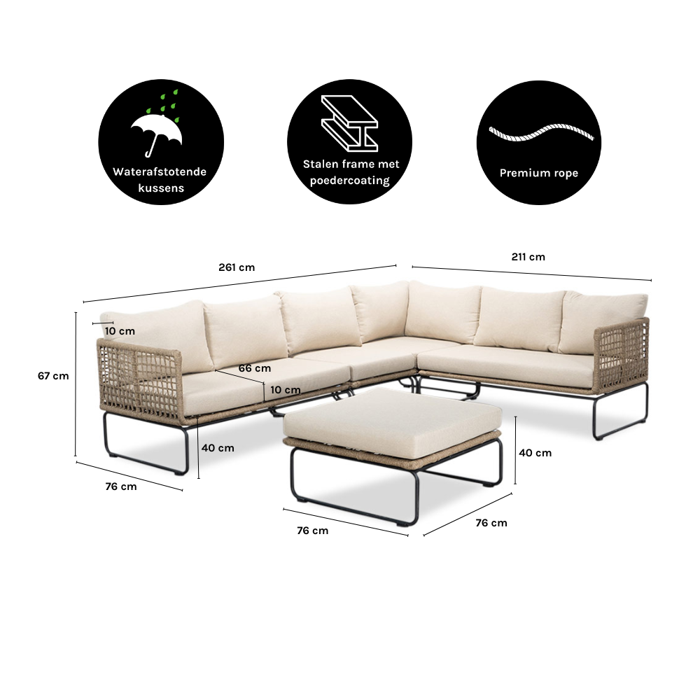 Tulum hoek loungeset met tussenmodule & stoel 7 personen | rvs + touw | Sahara Dust | 5-delig - 261x211cm