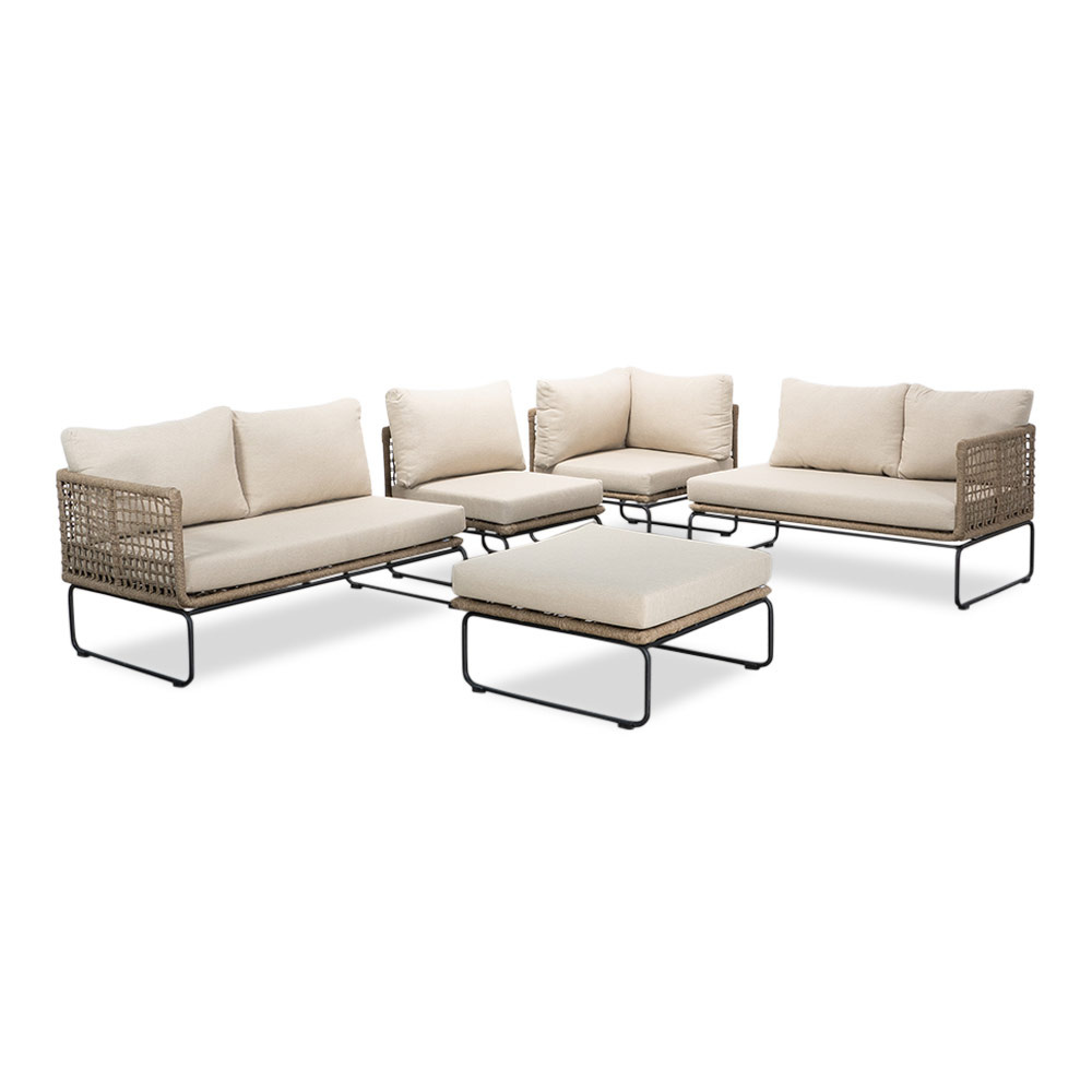 Tulum hoek loungeset met tussenmodule & stoel 7 personen | rvs + touw | Sahara Dust | 5-delig - 261x211cm