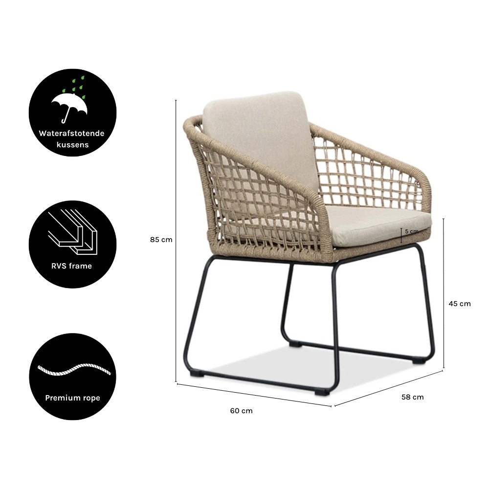 Tulum hoek loungeset met tussenmodule & stoel 7 personen | rvs + touw | Sahara Dust | 5-delig - 261x211cm