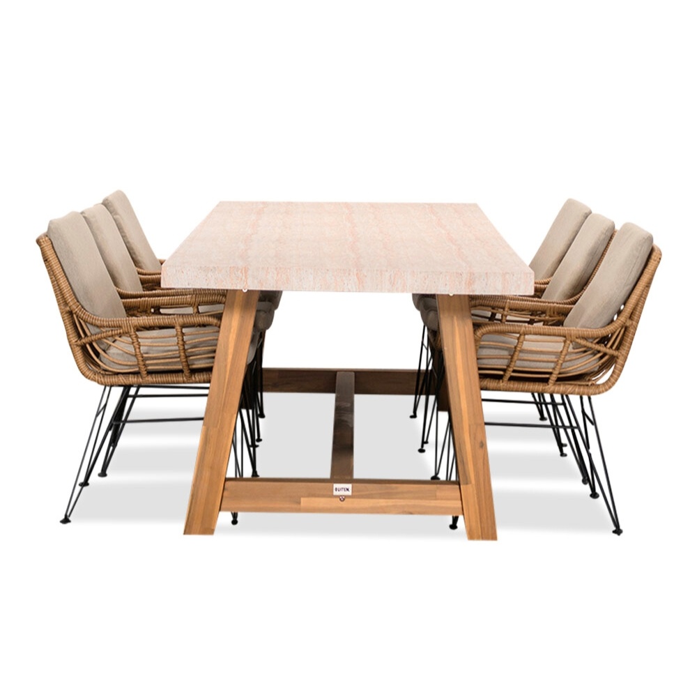 Velora/Carlos taupe dining tuinset | 6 personen | travertin + wicker | 250cm