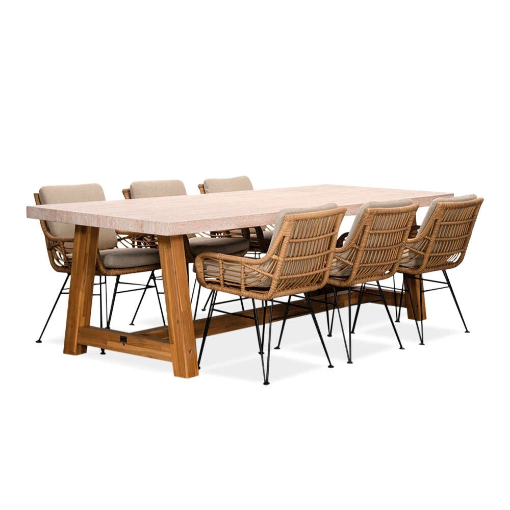 Velora/Carlos taupe dining tuinset | 6 personen | travertin + wicker | 250cm