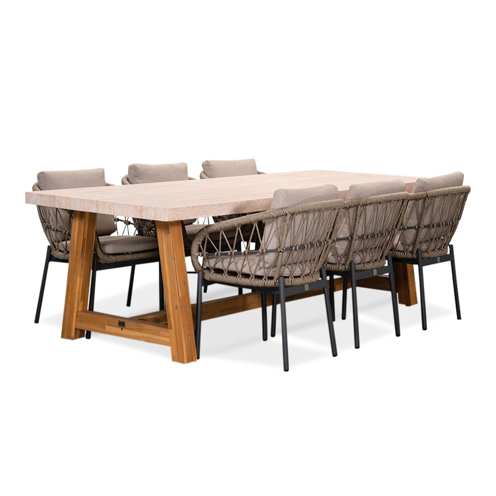 Velora/Dakota beige/antraciet dining tuinset | 6 personen | travertin + touw | 250cm
