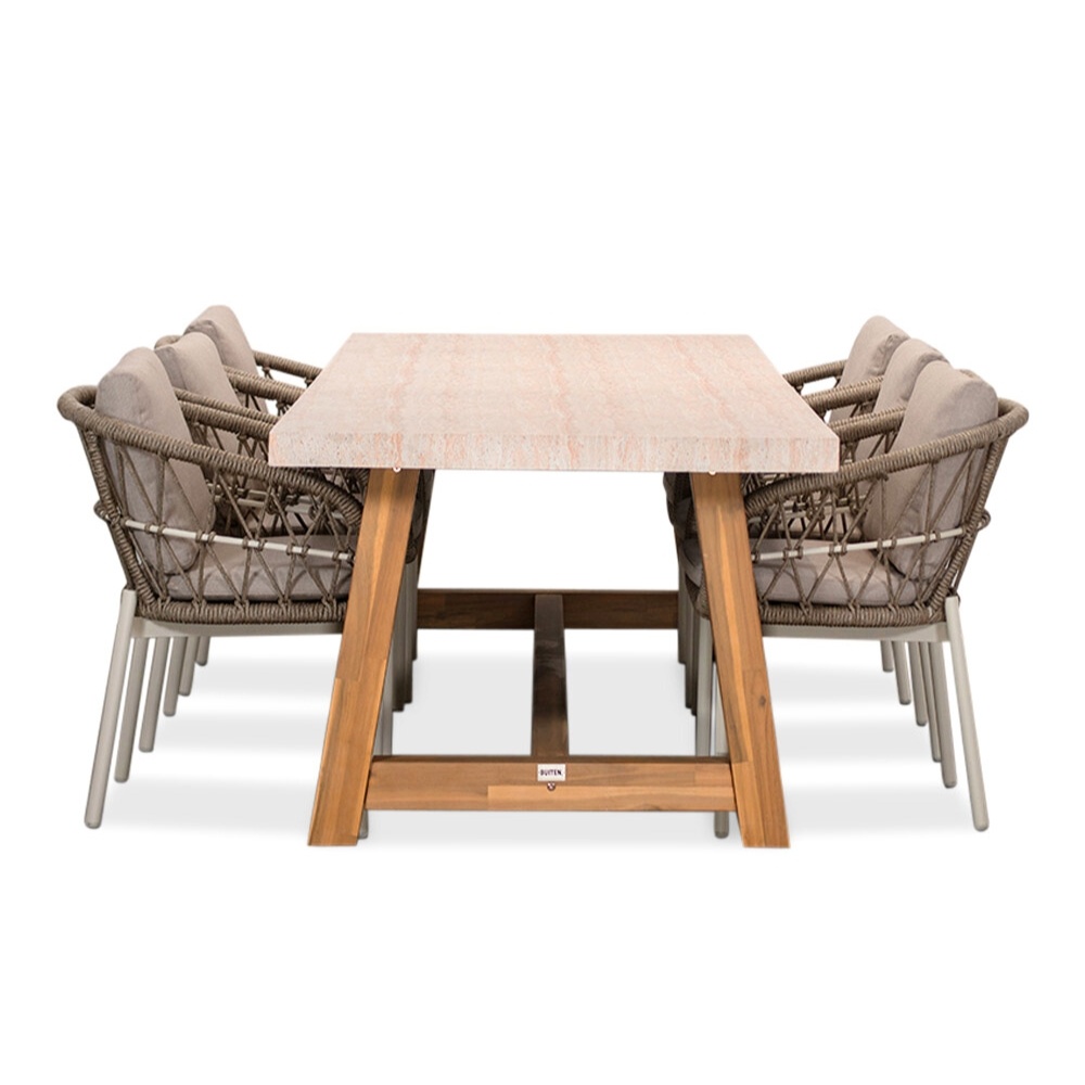 Velora/Dakota beige/wit dining tuinset | 6 personen | travertin + touw | 250cm