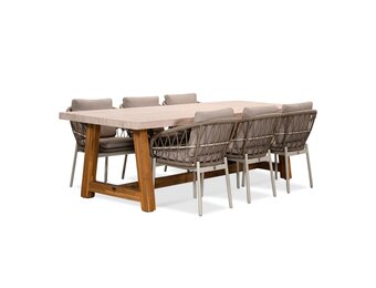 Velora/Dakota beige/wit dining tuinset | 6 personen | travertin + touw | 250cm