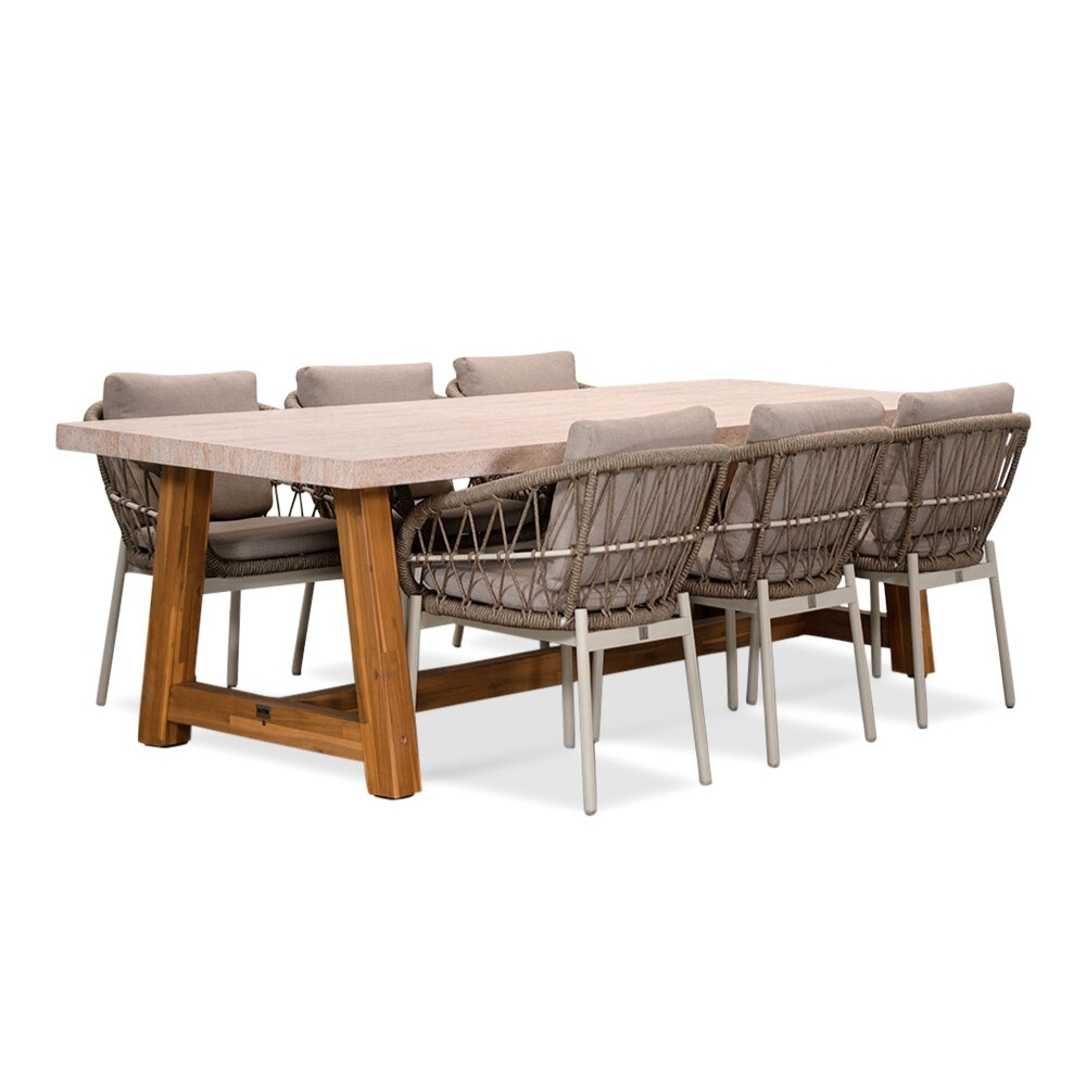 Velora/Dakota beige/wit dining tuinset | 6 personen | travertin + touw | 250cm afbeelding