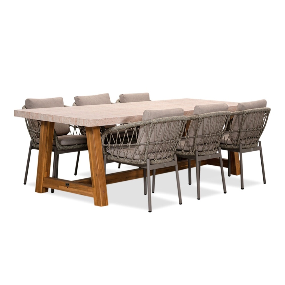 Veltis/Dakota beige dining tuinset | 6 personen | travertin + touw | 250cm afbeelding