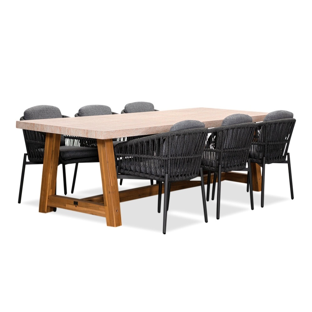 Velora/Rico charcoal dining tuinset | 6 personen | travertin + aluminium | 250cm