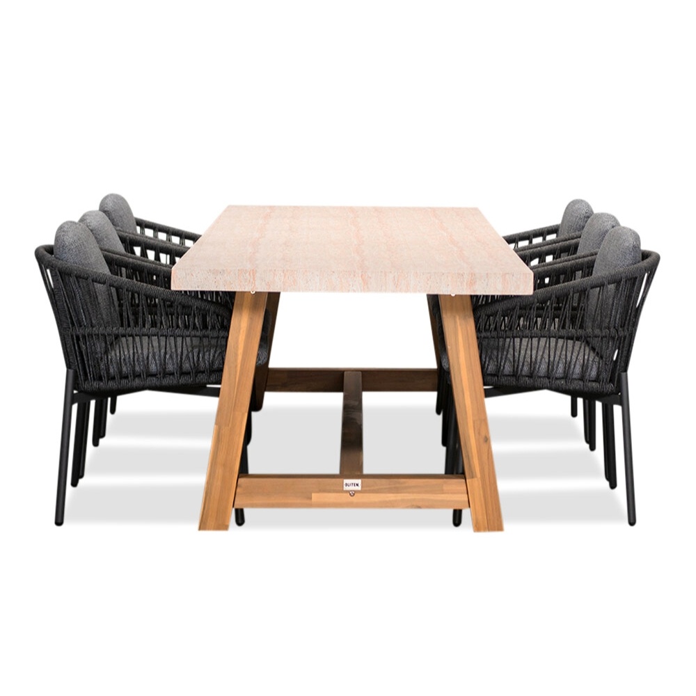 Velora/Rico charcoal dining tuinset | 6 personen | travertin + aluminium | 250cm