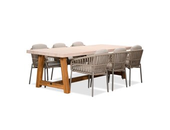Velora/Rico zand dining tuinset | 6 personen | travertin + aluminium | 250cm