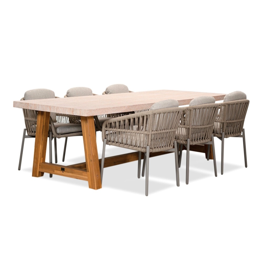Velora/Rico zand dining tuinset | 6 personen | travertin + aluminium | 250cm afbeelding