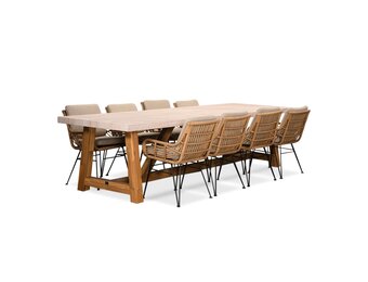 Velora/Carlos taupe dining tuinset | 8 personen | travertin + wicker | 300cm