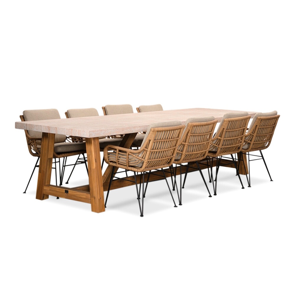 Velora/Carlos taupe dining tuinset | 8 personen | travertin + wicker | 300cm