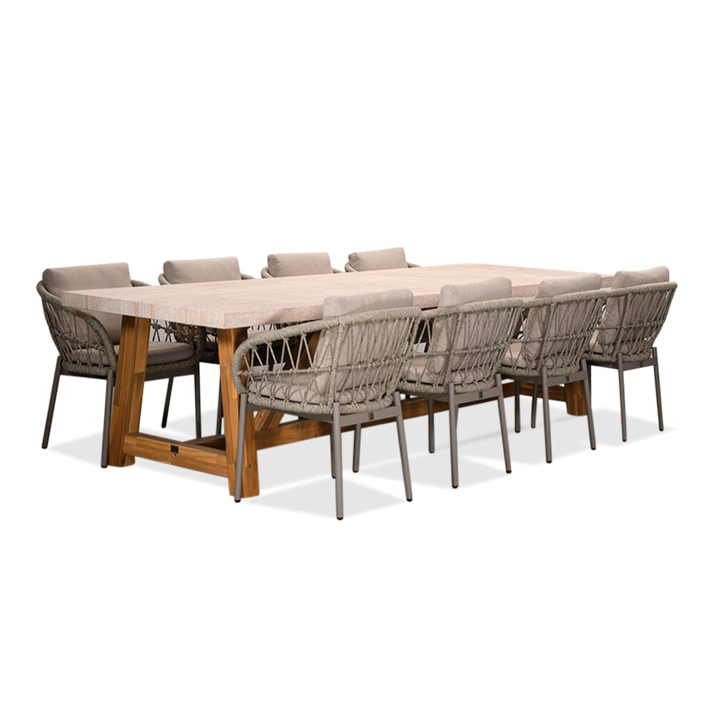 Velora/Dakota beige dining tuinset | 8 personen | travertin + touw | 300cm