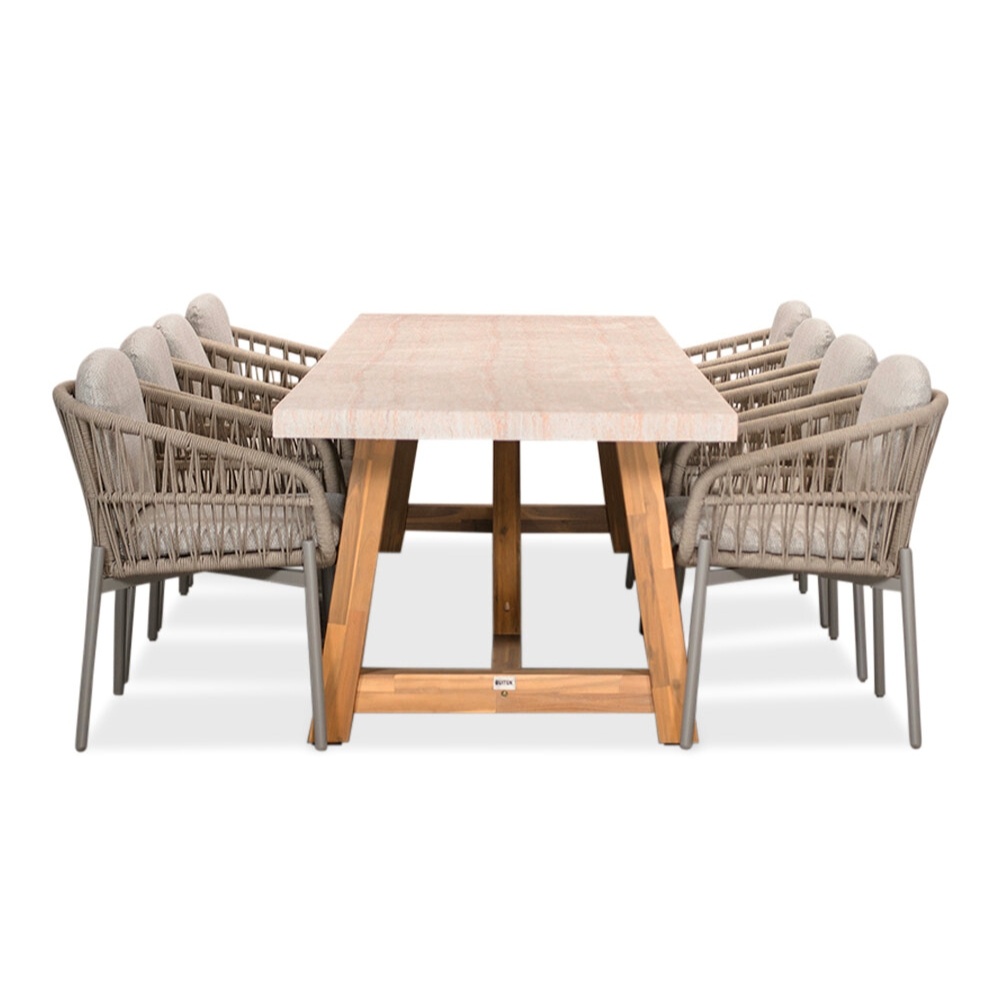 Velora/Rico zand dining tuinset | 8 personen | travertin + aluminium | 300cm