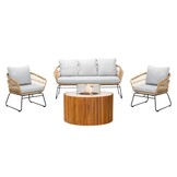 Arturo/Ibiza stoel-bank loungeset met vuurtafel 5 personen | wicker + teakhout | Bamboo taupe | 5-delig