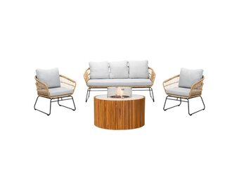 Arturo/Ibiza stoel-bank loungeset met vuurtafel 5 personen | wicker + teakhout | Bamboo taupe | 5-delig