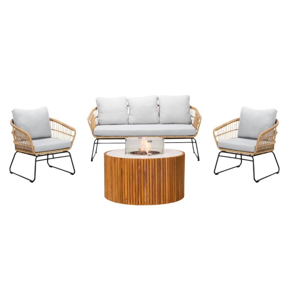 Arturo/Ibiza stoel-bank loungeset met vuurtafel 5 personen | wicker + teakhout | Bamboo taupe | 5-delig