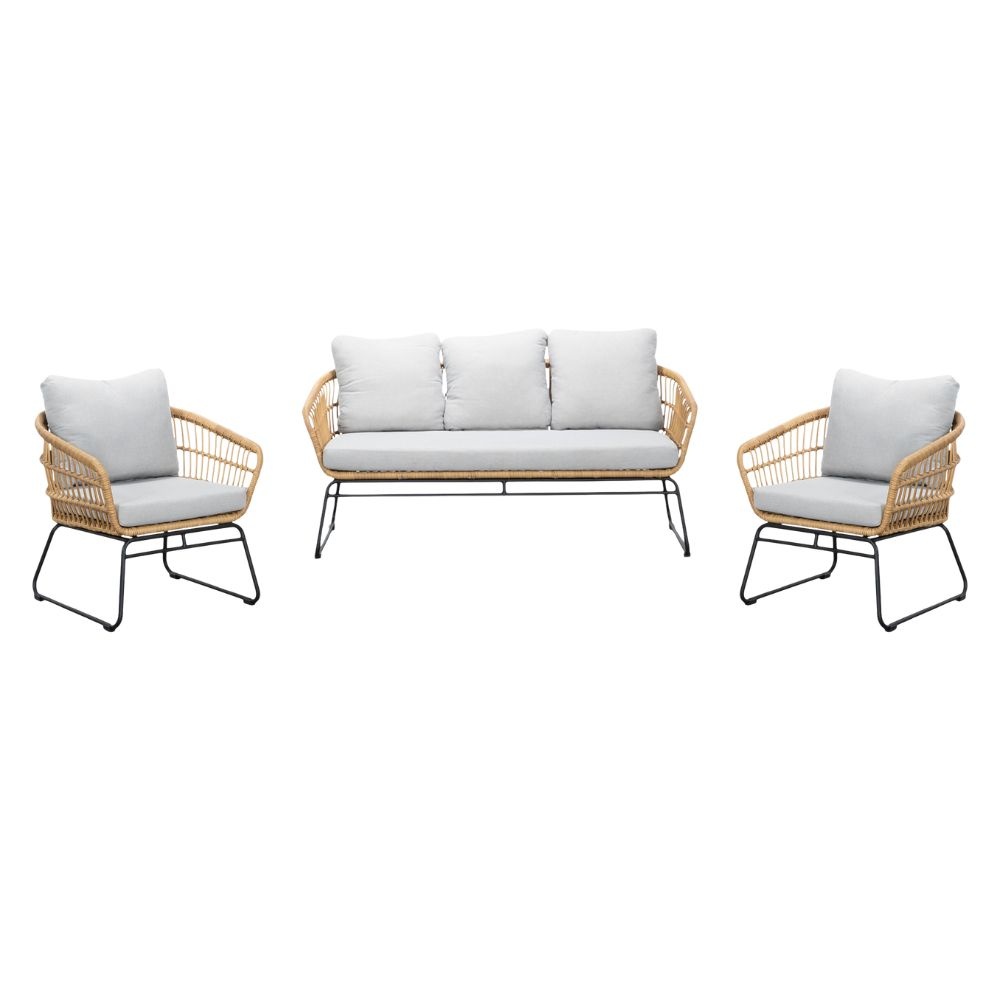 Arturo/Ibiza stoel-bank loungeset met vuurtafel 5 personen | wicker + teakhout | Bamboo taupe | 5-delig