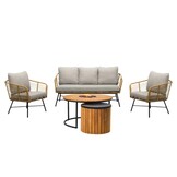Flow/Roundi stoel-bank loungeset met vuurtafel 5 personen | wicker + aluminium | Bamboo taupe | 3-delig