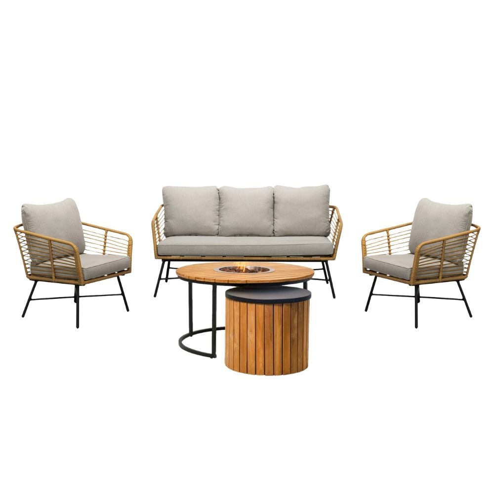 Flow/Roundi stoel-bank loungeset met vuurtafel 5 personen | wicker + aluminium | Bamboo taupe | 3-delig afbeelding